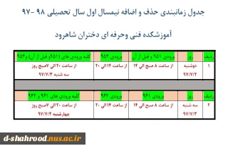 جدول زمانبندی حذف و اضافه نیمسال اول سال تحصیلی 98-97