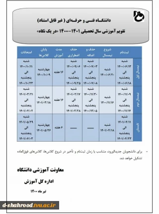 تقویم آموزشی سال تحصیلی ۱۴۰۱-۱۴۰۰ دانشگاه فنی و حرفه ای در یک نگاه