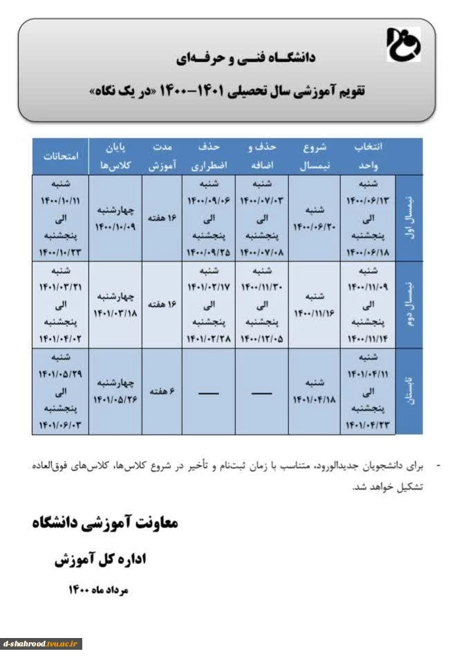 تقویم آموزشی سال تحصیلی 1401 - 1400 در یک نگاه 2