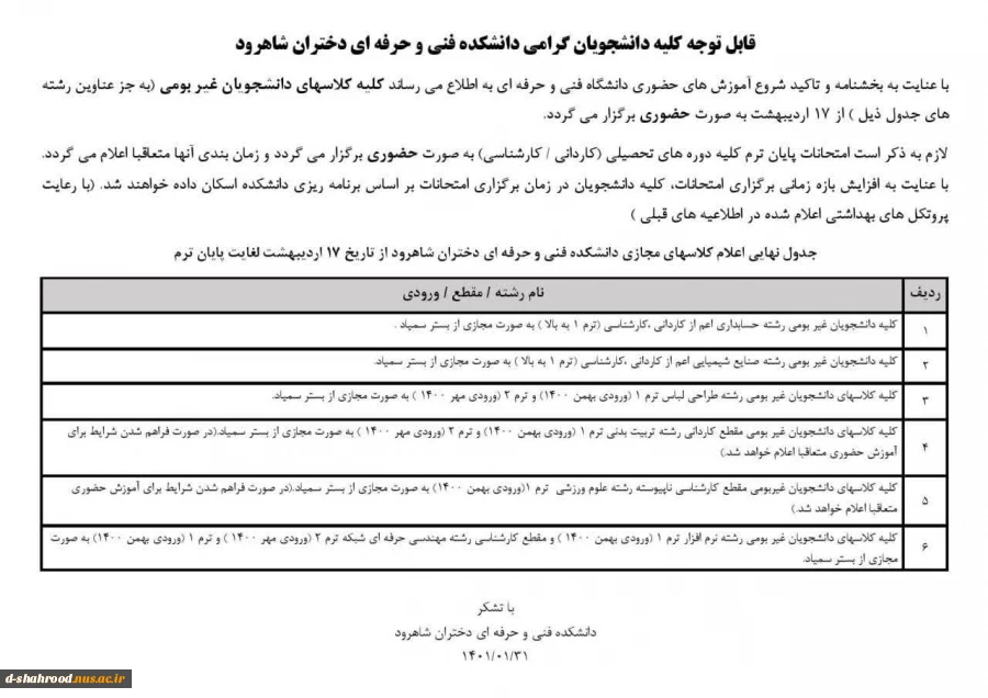 خبر فوری اعلام نهایی کلاس های حضوری دانشکده فنی وحرفه ای دختران شاهرود 3